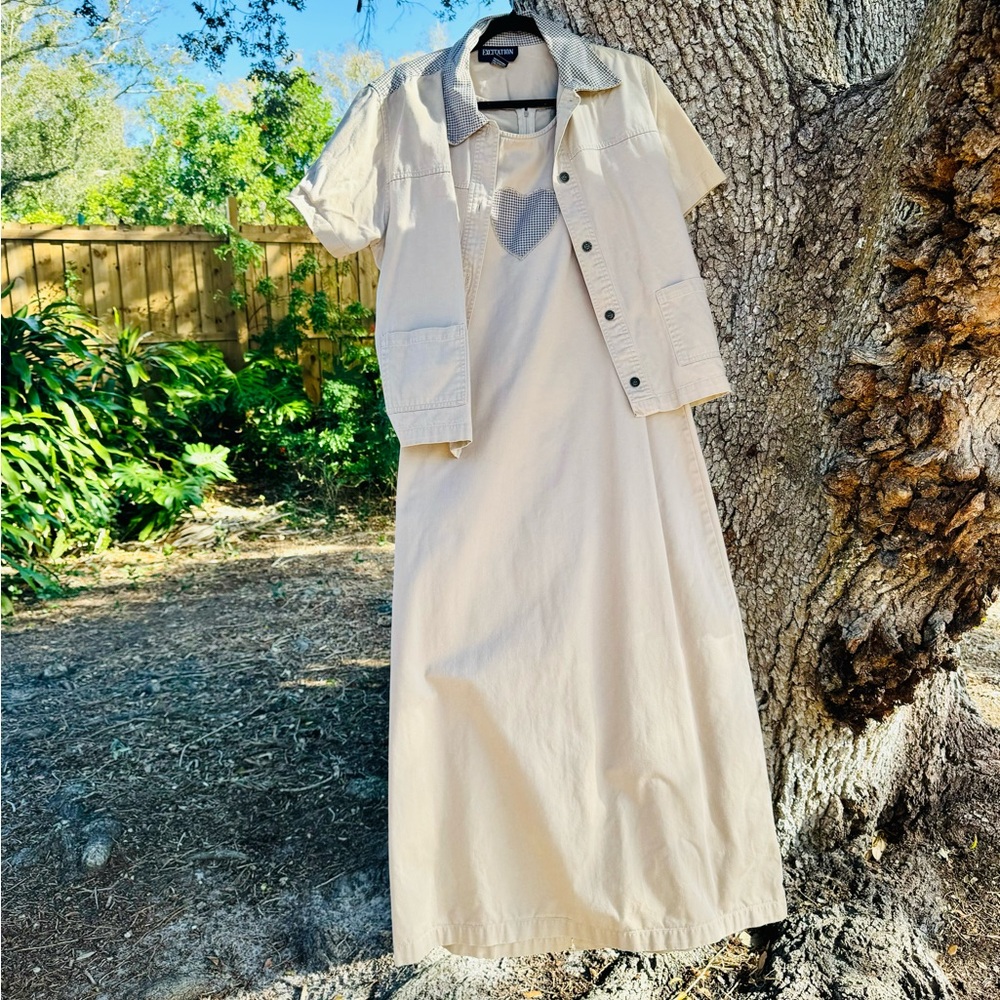 Vtg.2 Pc.set Excitation Khaki tan maxi dress and matching top.100% cotton Size L